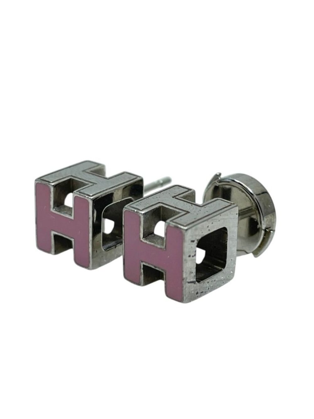 Hermes Earrings Cage D'h Cube Metal Silver Pink
